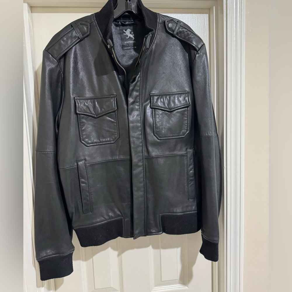 Mens Express Black Leather Bomber Jacket Size M